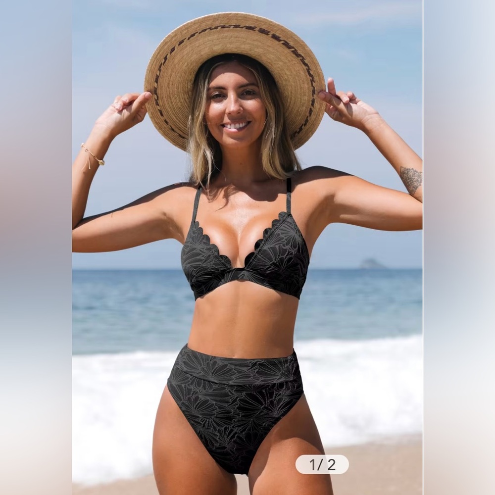 Black Floral Jacquard Scalloped Bralette & High Waste Bottoms Set